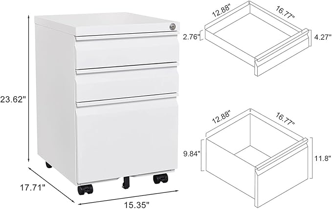 3-Drawer Lockable Mobile File Cabinet – Metal A4/Letter/Legal Size Storage for Home/Office, Pre-Assembled, Space-Saving Under-Desk Cabinet with Wheels (White)