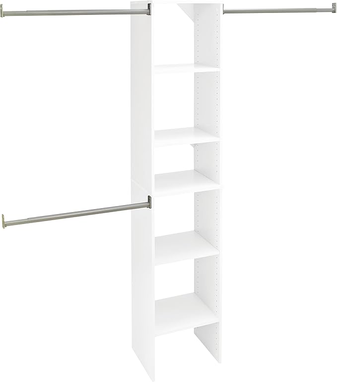 ClosetMaid SuiteSymphony Wood Closet Organizer Starter Kit with Tower and 3 Hang Rods, Shelves, Adjustable, Fits Spaces 4 – 9 ft. Wide, Pure White