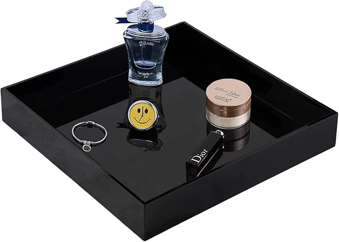 Waterproof Acrylic Vanity Tray, Remote Control Sturdy Valet Tray Organizer, Lucite Nightstand Dresser or Bathroom Organizer for Change, Coin, Key, Phone, Glasses, (Black-10x10inch )