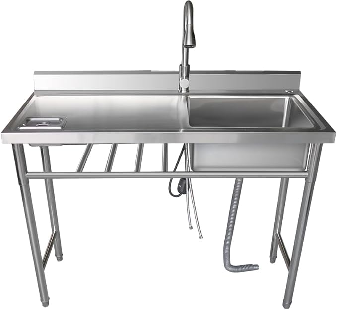 304 Stainless Steel Utility Sink with Faucet – Free Standing Single Bowl Left Kitchen Sink with Workbench & Small storage box, Hot/Cold Water Pipes for Laundry, Farmhouse & Outdoor Use 39“