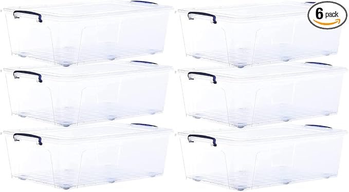 Superio Storage Bins with Lids- Clear Boxes for Organizing, Stackable Plastic Containers- BPA Free, Non-Toxic, Odor Free, Organizer for Home, Office, Dorm (6 Pack, 42 Qt (Under Bed-Wheeled))