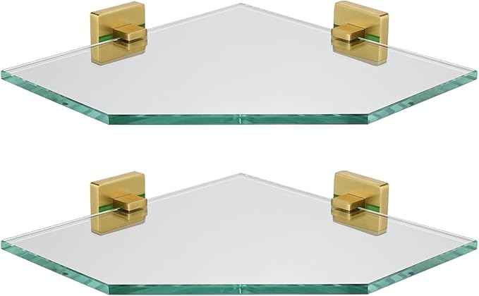 JQK Corner Glass Shelf, Brushed Gold Bathroom 304 Stainless Steel Shower Triangle Floating Wall Shelf, 10 x 10 Tempered Glass, 2 Pack TGS290L10-BG-P2