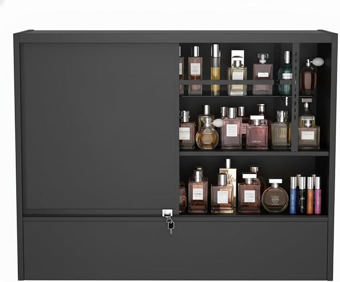 WISDOMFUR 4-Foot Display Showcase with LED Lighting – 48" L x 18" W x 38" H, Adjustable Glass Shelf, Locking Sliding Doors, Melamine Finish – Black Retail Display Cabinet