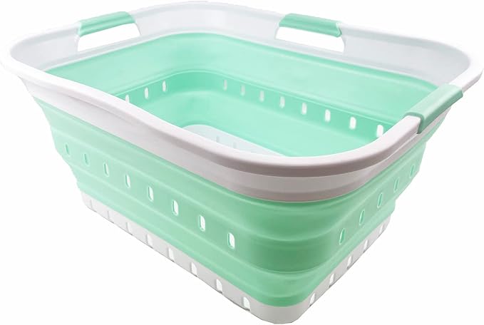SAMMART 42L (11 gallon) Collapsible Plastic Laundry Basket - Foldable Pop Up Storage Container/Organizer - Portable Washing Tub - Space Saving Hamper/Basket (White/Pale Jade)