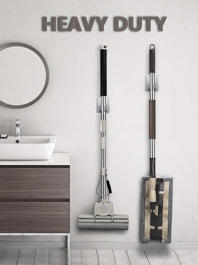 HANZE 2 Pack Stainless Steel Mop Broom Holder Organizer, Self Adhesive Wall Mounted Mop Organizer Storage Rack Clip for Kitchen Bathroom and Garage (Rectangle, Large)