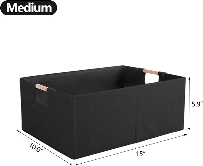 Fabric Storage Bin 3 Pack Foldable Cotton Linen Storage Basket with Wooden Handles Rectangular Cube Box – Black, Medium
