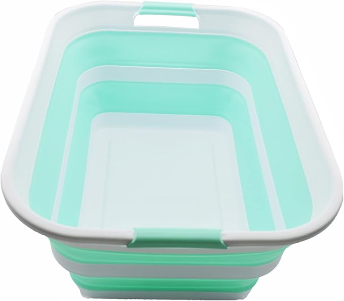 SAMMART 42L Collapsible Plastic Laundry Basket - Foldable Pop Up Storage Container/Organizer - Portable Washing Tub - Space Saving Hamper/Basket (White/Light Green, 1)