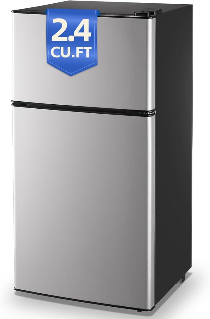 Tiny Personal Capacity Silver Refrigerator with Freezer Double Door Mini Fridge Small Apartment Refrigerator with 7 Adjustable Temp Control