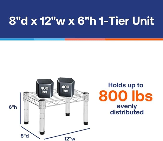 Shelving Inc. 8" d x 12" w Chrome Wire Shelving with 1 Tier Shelf, Weight Capacity 800lbs Per Shelf