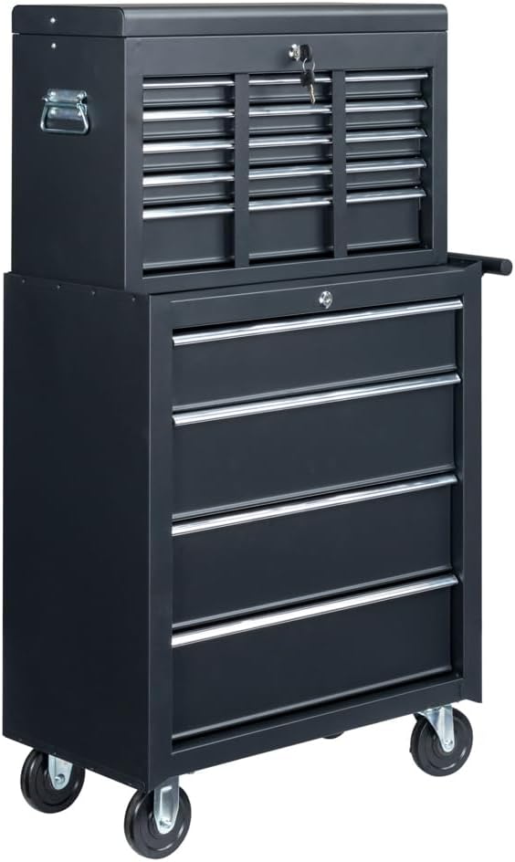 Metal Rolling Tool Box Organizer | Lockable Tool Chest with Wheels | Detachable Top Toolbox with 9 Sliding Drawers | Large Tool Storage Box Organizer for Garage Workshop & Tool Room