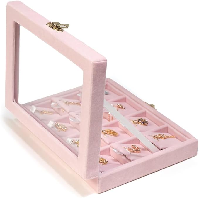 Jewelry Box Necklace Organizer Tray, Pink Velvet Necklace Display Case for Storage Small Display Tray 12 Grid Pendant Holder for Women