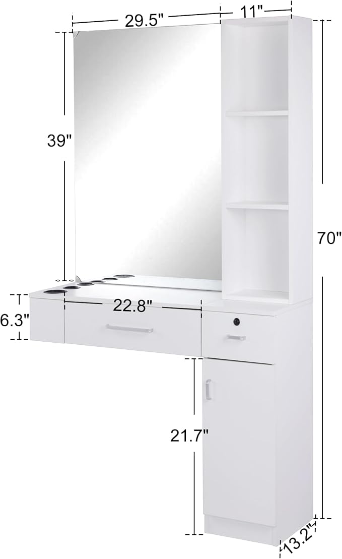 BarberPub Wall Mount Salon Station with 3 Hair Dryer Holders Hair Styling Station with Mirror Beauty Salon Spa Equipment Set 3026 (White)