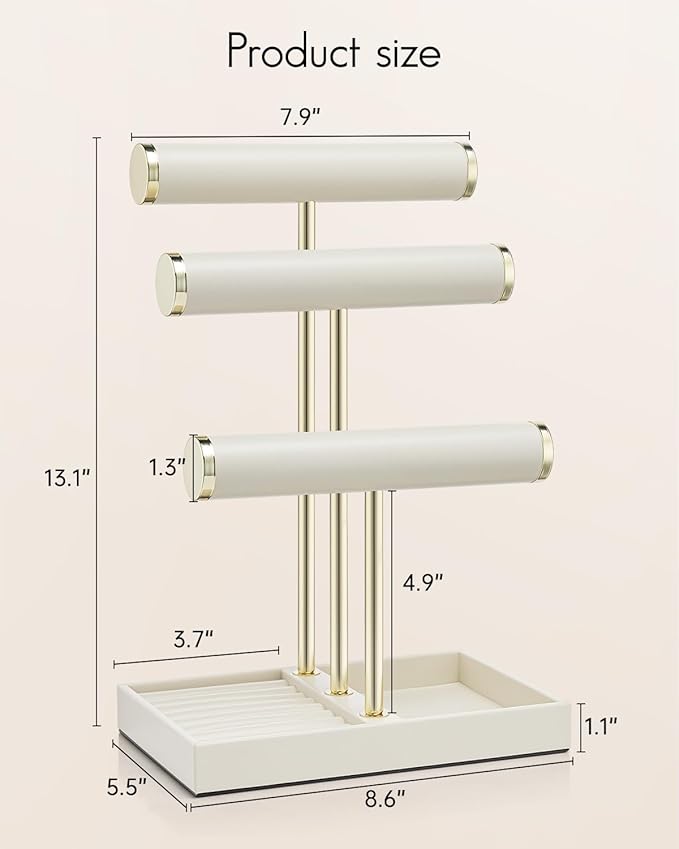 Vlando 3 Tier Bracelet Holder Organizer with Tray - Leather Jewelry Stand Organizer for Women - Jewelry Holder Display for Necklace, Watches, Rings, Earrings, Bangle, Scrunchie - Cloud White