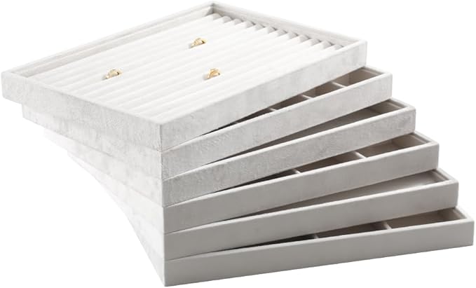 Velvet Stackable Jewelry Display Tray, 12 Grid Watch Bangle Bracelet Storage Tray, Makeup Drawer Insert Jewelry Shop Organizer Plate (White)