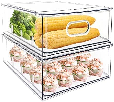 MineSign 2Pack Stackable Fridge Drawers Pull-Out Bins Divided Produce Saver Containers for Refrigerator Storage Organizers for Veggie Fruit Berry Pantry Cabinet Makeup Clothes