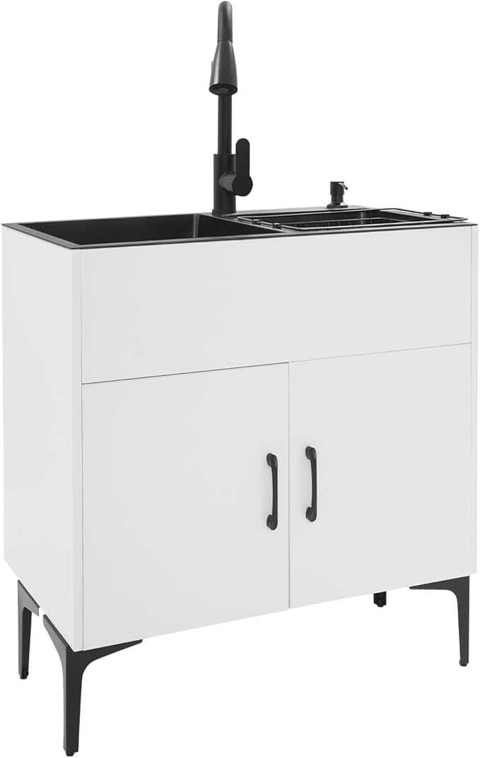 Laundry Sink Cabinet with Stainless Steel Sink and Pull-Out Faucet, Large Utility Sink Cabinet,Stainless Steel Utility Sink with Cabinet and Drawer Combo, for Laundry & Utility Room (White)