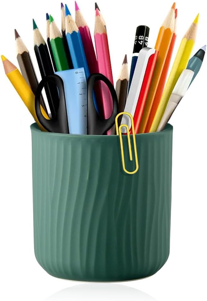 Round Ceramic Pen Holder for Desk Cute Pencil Cup Pot Desk Organizer for Girls Kids Makeup Brush Holder Dark Green