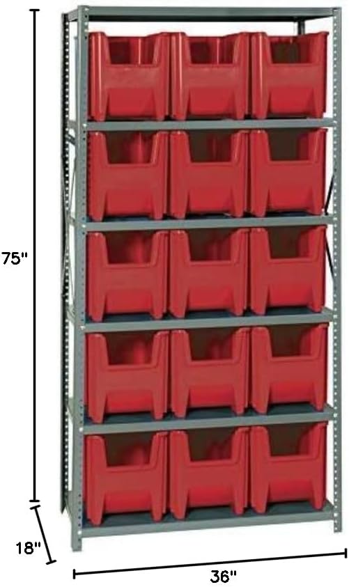 Quantum Storage Systems QSBU-600RD Solid Heavy Duty 6 Shelves 15 Giant Stack Red Bins 75" H x 36" W x 18" D