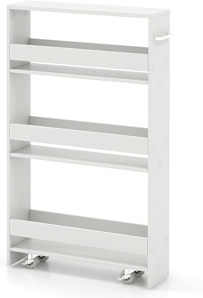 MAT EXPERT Slim Rolling Storage Cart, 4-Tier Freestanding Slim Storage Cart with Wheels 360 Degree & Metal Handle, Wooden Utility Cart for Narrow Kitchen, Laundry Room, Bathroom (Plain White)