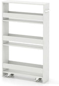 MAT EXPERT Slim Rolling Storage Cart, 4-Tier Freestanding Slim Storage Cart with Wheels 360 Degree & Metal Handle, Wooden Utility Cart for Narrow Kitchen, Laundry Room, Bathroom (Plain White)