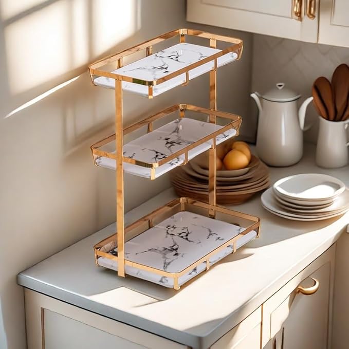 Bathroom Organizer Countertop Perfume Organizer Makeup Cosmetics Storage Display Rack 3 Tier Vanity Tray Dresser Stainless Steel Gold Shelf White Marble Ceramic Tray (Gold, L)