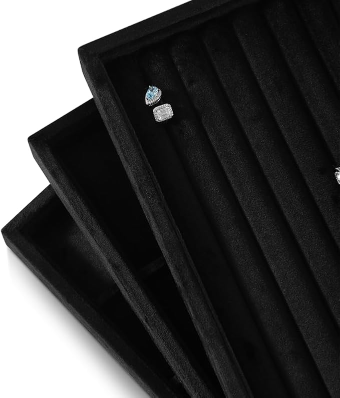 Velvet Ring Display Tray, Stackable Muilt Slot Rings Ear Stud Storage Tray, Drawer Insert Jewelry Accessories Organizers Plate (Black)