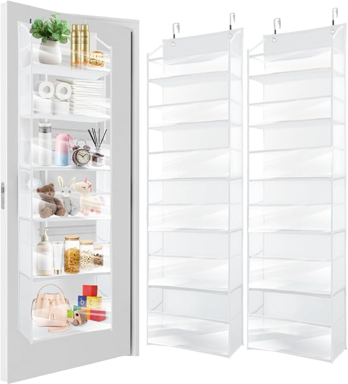 HOMELUX THEORY Over The Door Organizer Hanging - 50lbs Load 6 Large Front & 12 Side Pockets, 2 Pack Over The Door Shoe Organizer, Hanging Closet Organizer For Toys, Diaper, Sewing (Transparent)