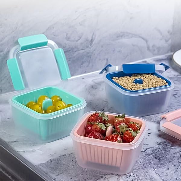 50oz Berry Keeper Fruit Storage Container for Fridge, Fresh Food Produce Saver Containers with Removable Drain Colanders, Vegetable Lettuce Keeper Bowl, Refrigerator Organizer, PRESS TO OPEN CLOSE LID