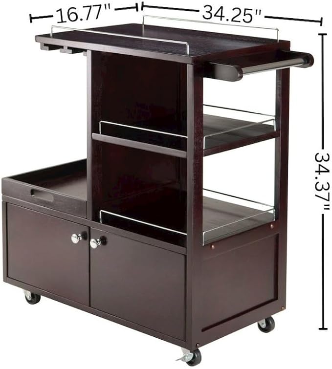 Wood Media Entertainment Cart, Removable Serving Tray, Adjustable Shelf, Cabinet Door Storage, Brown Finish