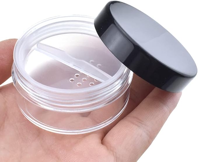 HAHIYO 1Pcs 20ml/0.68oz Plastic Empty Travel Compact Case Makeup Cosmetic Jar Refillable Powder Box No Leak Holder with Rotatable Sifter and Black Screw Lid