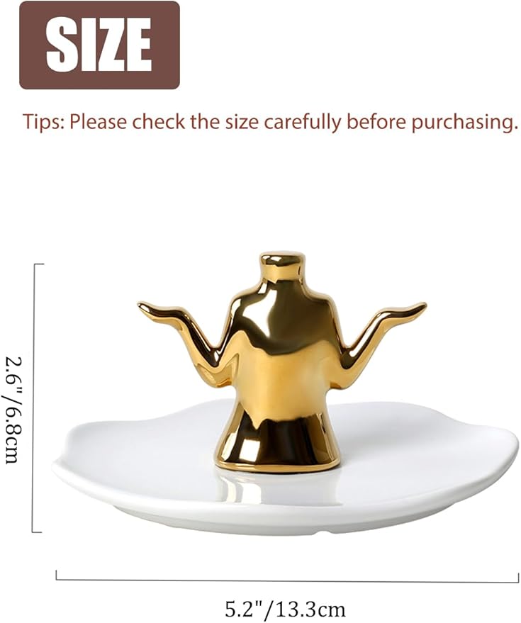 Gold Jewelry Holder with Tray – Ceramic Ring Dish, Earring Stand, Necklace & Bracelet Organizer – Decorative Trinket Dish Jewelry Organizer for Vanity, Dresser, or Nightstand
