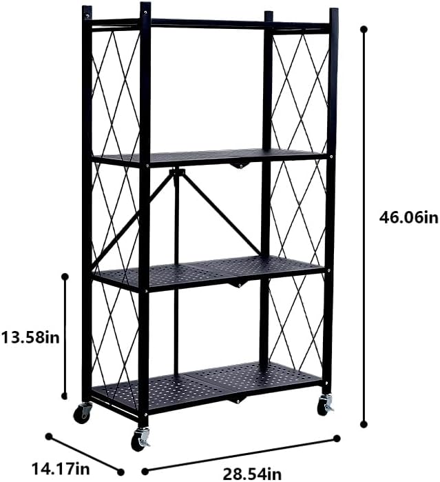 Foldable 4-Tier Metal Storage Shelf with Locking Wheels, Pre-Assembled Rolling Rack for Easy Setup, Space-Saving Organizer for Kitchen, Pantry, and Closet, 28.54" L x 14.17" W x 46.06" H