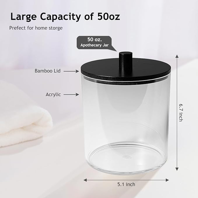 SheeChung 4 Pack 50 Oz Large Apothecary Jar with Bamboo Lid, Laundry Pods Container, Storage Jars for Bathroom Organization, Plastic Canisters with Cute Stickers Spoons(Black)