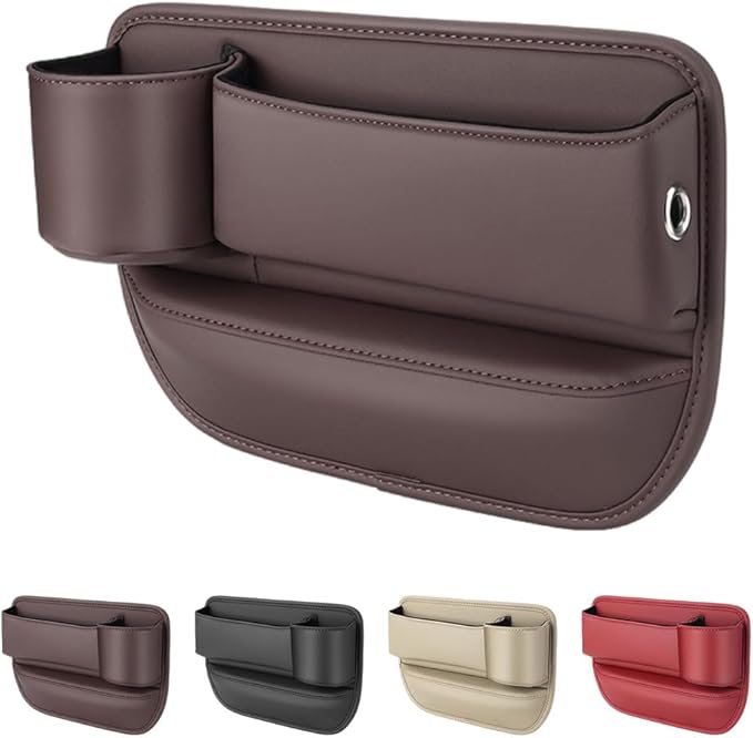 Car Leather Cup Holder Gap Bag,2025 Upgrade Car Storage Box with Cup Holder,Seat Storage Box Gap Filler Organizer for Glasses Phone Keys and Cards (Brown, Driver's Seat)