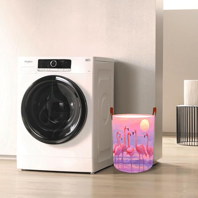 Laundry Baskets 15.7x19.7 Inch Large Pink Flamingo Sunset Beach Design Collapsible Laundry Hamper with Handles Oxford Fabric Clothes Storage Bin Foldable Dirty Clothes Organizer for Bedroom Bathroom