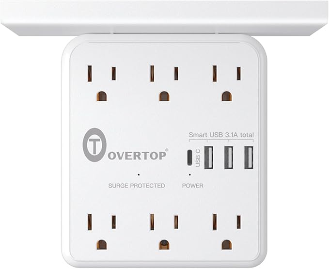 Overtop Power Charger with Shelf, Wall Outlet Extender Surge Protector with 6 AC Outlets, 4 USB Ports(1 USB C) Plug Expander Charger Shelf with Storage for Home, Dorm