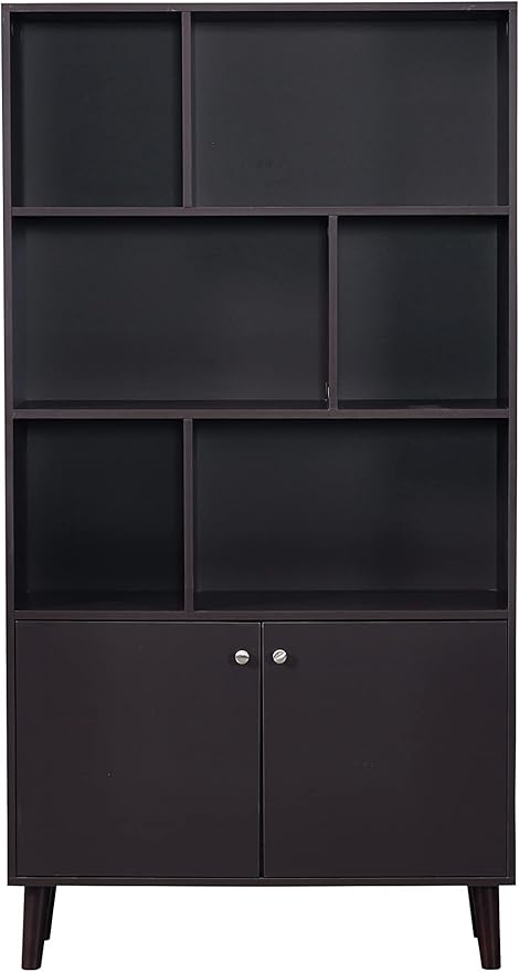 67 in Bookcase with Doors, 3-Tier Bookshelf Farmhouse Bookcases Wooden Deep Bookshelves Storage Cabinet Organizer for Living Room, Study, Kitchen, Home Office,Coffee