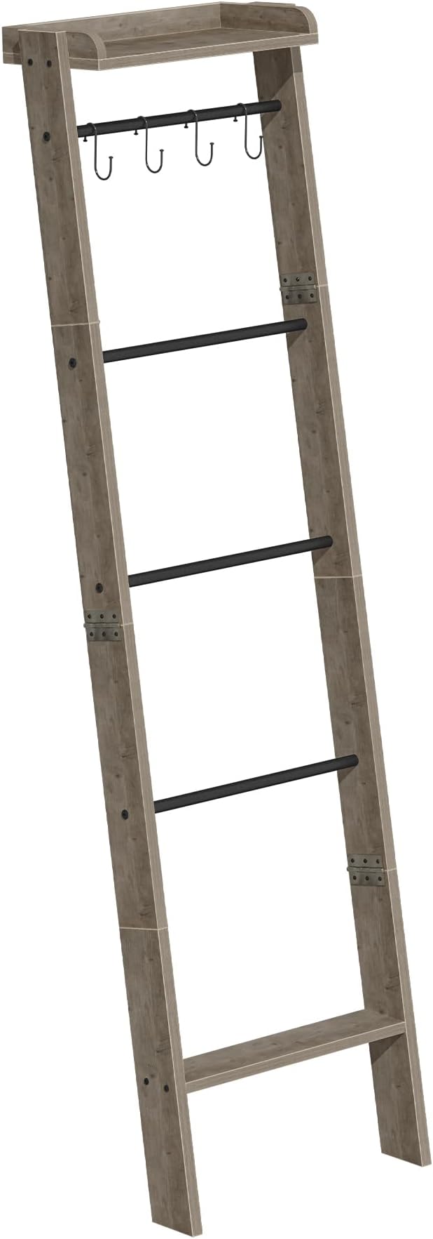 Blanket Ladder Shelf, Decorative Quilt Rack,6-Tier Farmhouse Ladder Holder Organizer with 4 Removable Hooks, Greige BR35805B