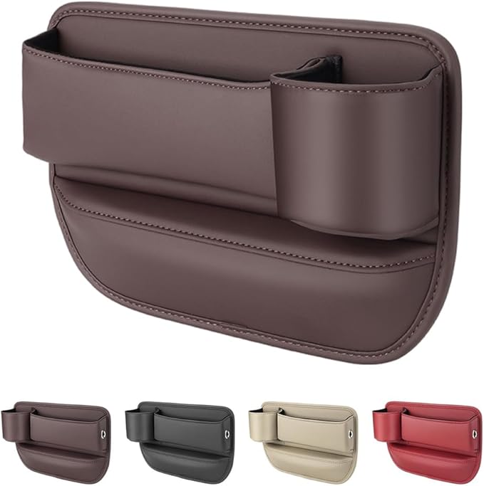 Car Leather Cup Holder Gap Bag,2025 Upgrade Car Storage Box with Cup Holder,Seat Storage Box Gap Filler Organizer for Glasses Phone Keys and Cards (Brown, Passenger Seat)