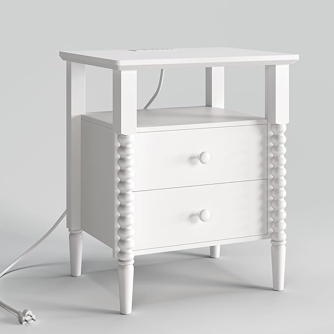 White Nightstand, Vintage Night Stand with Charging Station, Modern Bedside Table with Drawers, End Table with Solid Wood Legs, Bed Side Tables for Bedroom, White