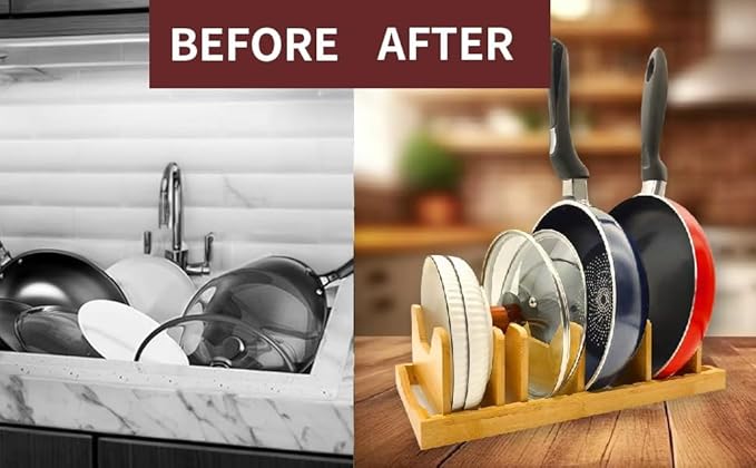 Bamboo Pot Lid Organizer for Cabinet & Kitchen Counter, Pan Lid Organizer Inside Cabinet, Pot Lid Holder, Sheet Pan Rack, Adjustable Pot Cover Holder Rack for Countertop, Under Cabinet Black