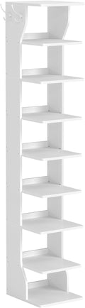 VASAGLE 9-Tier Vertical Shoe Rack, Narrow Shoe Storage Organizer with Hooks, Slim Corner Tower Shelf, Space-Saving for Entryway and Bedroom, White ULBS210WB01