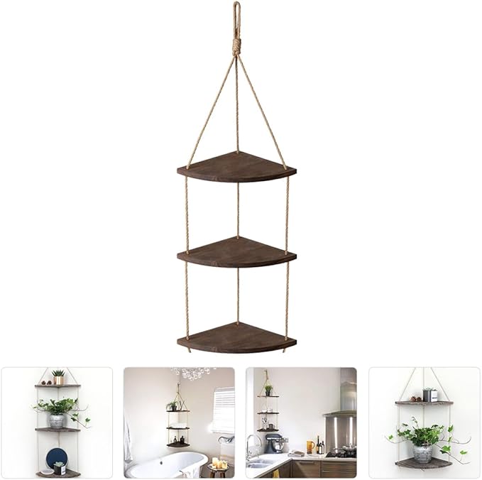 Vintage Fan-Shaped Wooden Wall Corner Shelf Rustic Brown Hanging Rack for Plants Crafts Photos Display and Home Storage Organizer