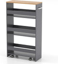 POWERSTONE 4-Tier Slim Storage Cart, Narrow Kitchen Rolling Cart w/Handle & Open Shelves, Skinny Slide Out Utility Organizer Trolley for Kitchen Bathroom Laundry Small Spaces Grey & Natural