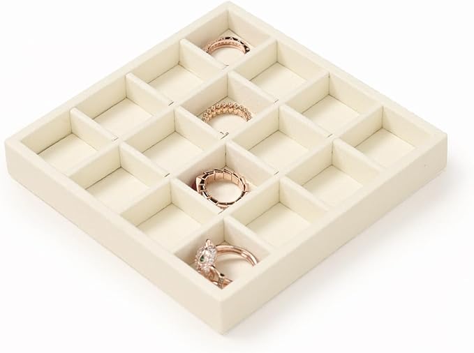 Oirlv Microfiber Stackable 16 Girds Jewelry Trays Jewelry Storage Tray Showcase Display Organizer(Beige)