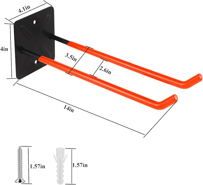 Steel Garage Storage Hooks Wall Tool Organizer, 14 Inch Garage Hook Heavy Duty Utility Storage Hangers Orange for Ladders, Chairs, Garden Tools, Set of 4