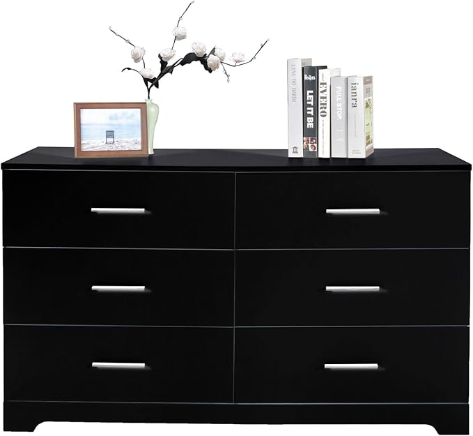 Karl home 6 Drawer Dresser, Wood Black Vanity Drawer Cabinet, Bedroom Storage Cabinet TV Stand, Large Dresser Storage Chest with Deep Drawers, Bedroom Furniture