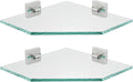 JQK Corner Glass Shelf, Brushed Steel Bathroom 304 Stainless Steel Shower Triangle Floating Wall Shelf, 10 x 10 Tempered Glass, 2 Pack, TGS290L10-BN-P2