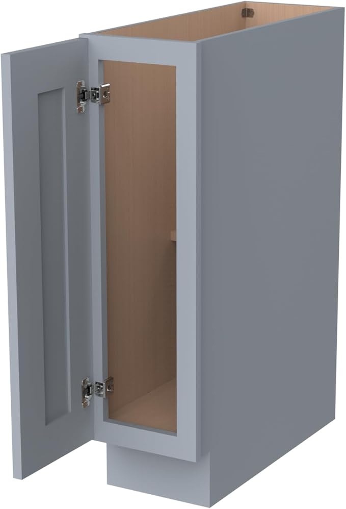 Solid Wood RTA Tray Base Cabinet with Full Height Door & Adjustable Shelf – Shaker Style Kitchen Storage Organizer, Durable Plywood Construction, Easy Assembly 9”W x 24”D x 34.5”H (Grey)