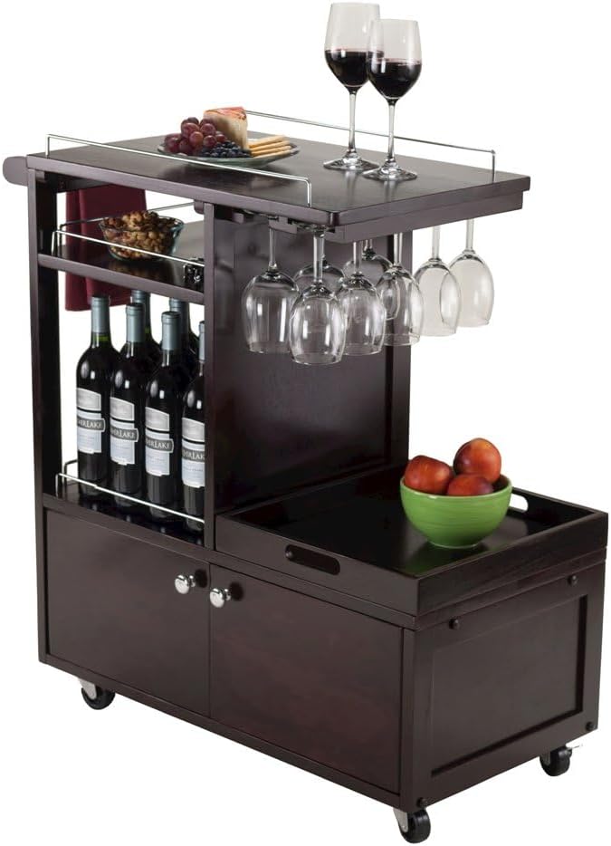 Wood Media Entertainment Cart, Removable Serving Tray, Adjustable Shelf, Cabinet Door Storage, Brown Finish